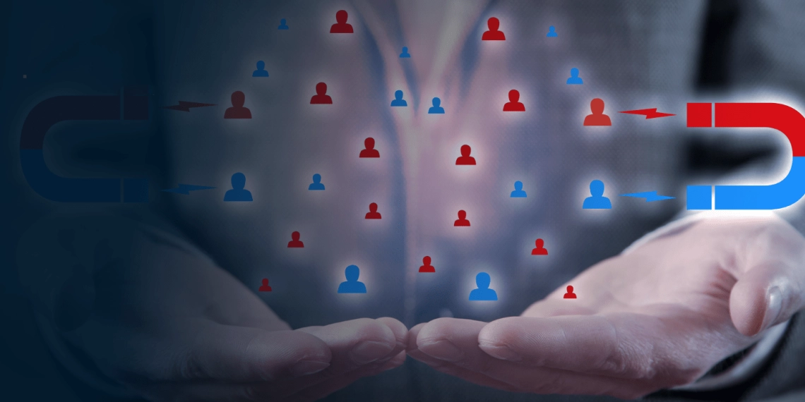 Hands holding floating user icons being pulled toward a magnet, showing how Google Ads attracts targeted audience segments