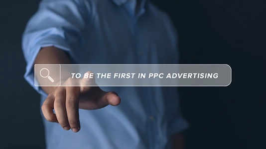 Person tapping a search bar with the text "To be the first in PPC advertising", representing the search for alternative PPC levers to outperform competitors