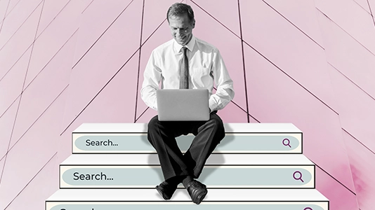 Businessman sitting on steps with a laptop surrounded by multiple search bars, showing keyword research for paid search campaigns