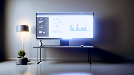 A glowing monitor displaying a Google Ads analytics dashboard in a dark minimalist room with a lamp and small plant