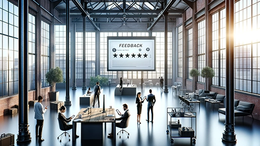 Office team gathered around a large feedback screen with five-star rating, showing importance of customer reviews for business