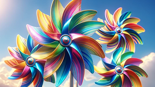 Three colorful pinwheels spinning against a blue sky, representing diverse marketing channels working together in a campaign