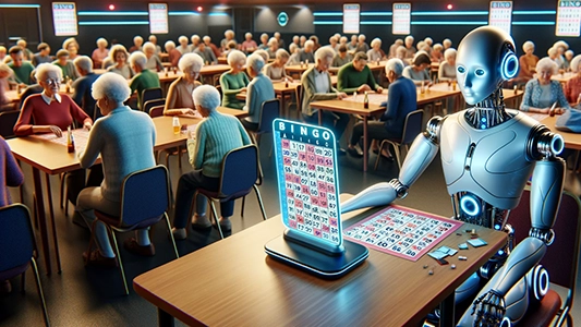 A robot hosting a bingo game for elderly people, illustrating how AI targets niche audience segments in advertising