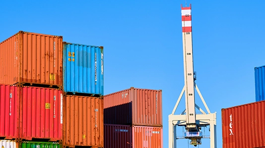 Shipping containers and a crane at a port, representing the logistics and scale of B2B business operations
