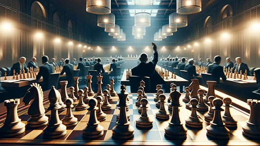 Chess tournament scene with players at boards in a dramatic hall, representing the strategic decision-making behind manual and automatic bid assignment in Google Ads