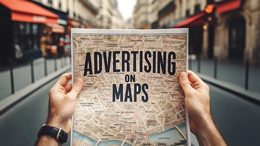 Hands holding a city map with the text Advertising on Maps on a street background, representing the topic of Google Maps advertising for local businesses