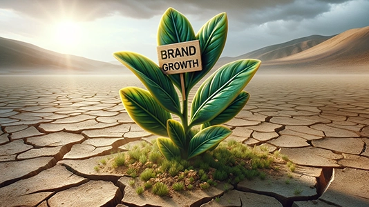 A green plant with a "Brand Growth" sign growing out of cracked dry desert ground, showing brand development from scratch