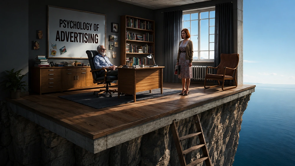 A psychologist's office on a cliff edge over the ocean with a "Psychology of Advertising" sign, showing the depth of consumer behavior study