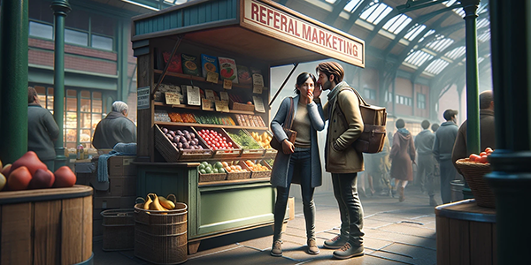 Two people talking near a market stall labeled Referral Marketing, representing how word-of-mouth recommendations drive customer acquisition