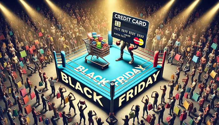 Boxing ring with a shopping cart and credit card fighting on Black Friday, showing intense retail competition during sales
