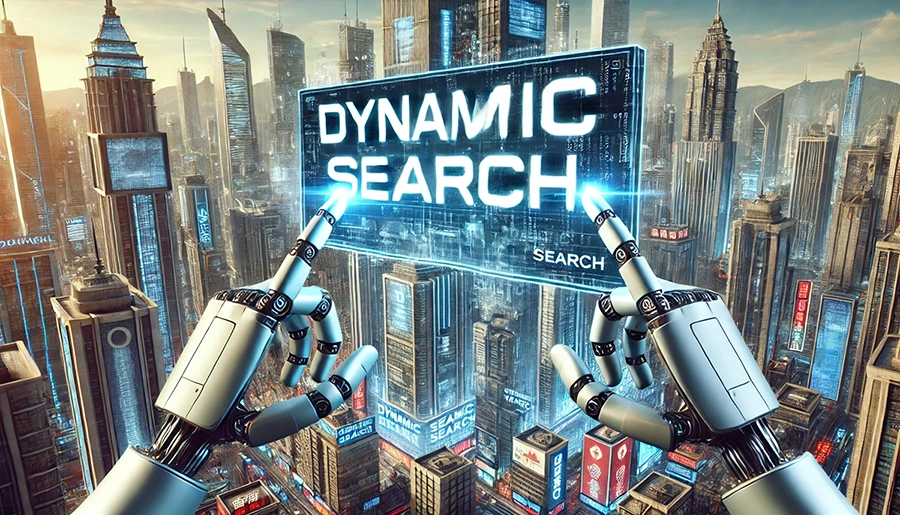 Robotic hands holding a glowing Dynamic Search screen above a futuristic city, representing how Google automatically generates search ads using smart algorithms