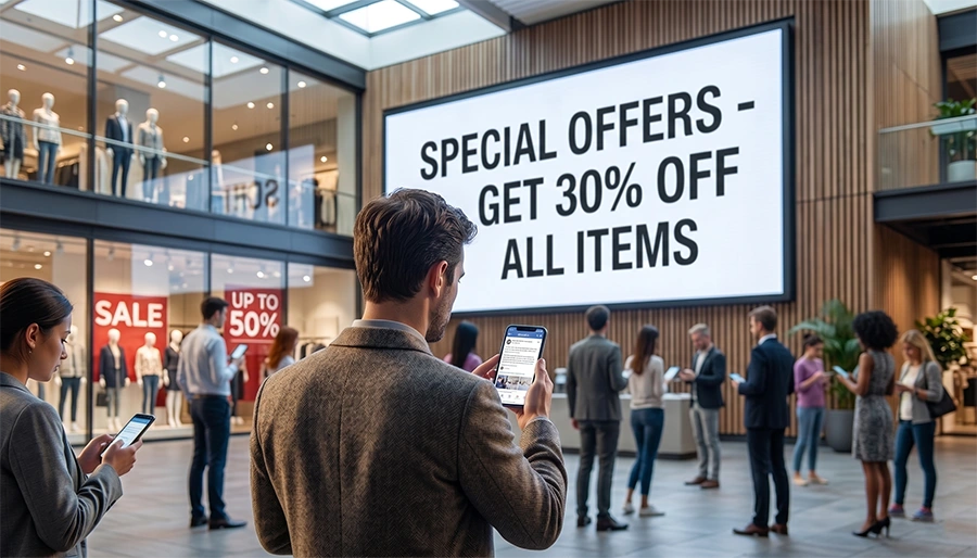 Shoppers viewing a 30% off promotional screen in a mall, representing seasonal discount campaigns