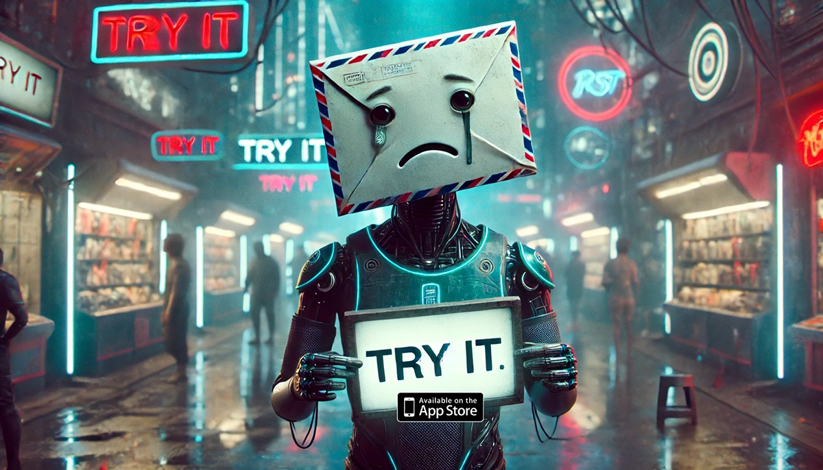 Cyberpunk-style sad robot with an envelope head holding a "Try It" sign in a neon-lit market, representing the challenge of standing out in mobile app marketing