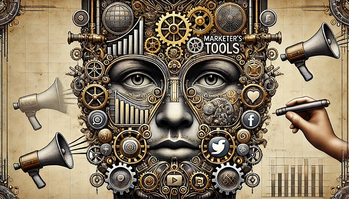 Steampunk-style face built from marketing tools and social media icons, representing the complex toolkit needed to identify a target audience
