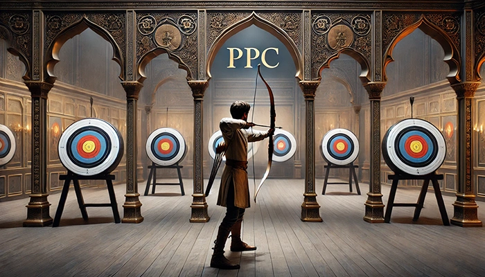 Archer aiming at multiple targets in an ornate hall labeled PPC, representing the challenge of choosing the right targeting strategy in paid advertising