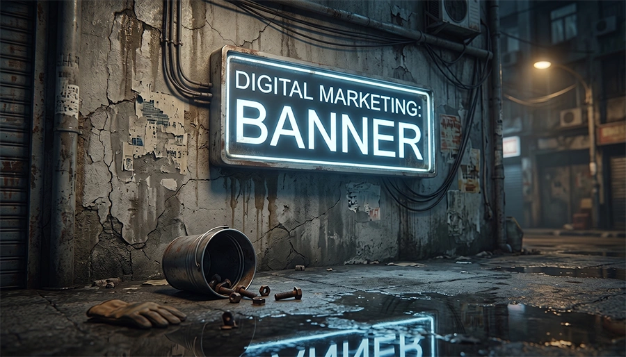 A glowing digital marketing banner sign on a gritty urban wall representing the evolution of outdoor advertising into Google Display Network banner ads