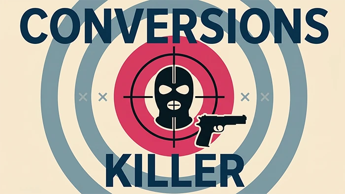 Bold graphic with a masked figure in a crosshair and the text Conversions Killer, representing the article's premise that hidden landing page and campaign setting mistakes silently destroy Google Ads conversion rates despite technically correct setup