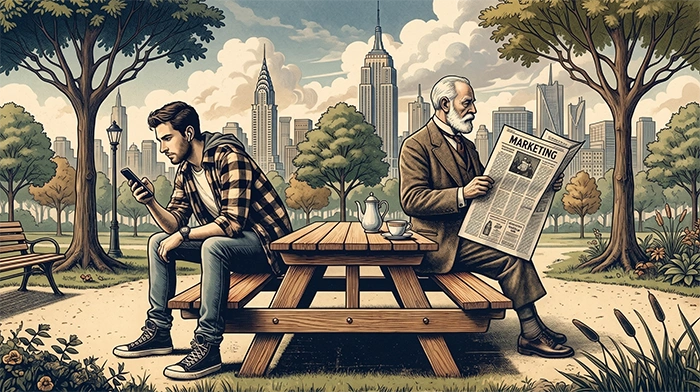 A young man scrolling his phone and an older gentleman reading a Marketing newspaper sitting at the same park bench back to back, representing the contrast between online and traditional marketing channels that the article argues should work together rather than apart