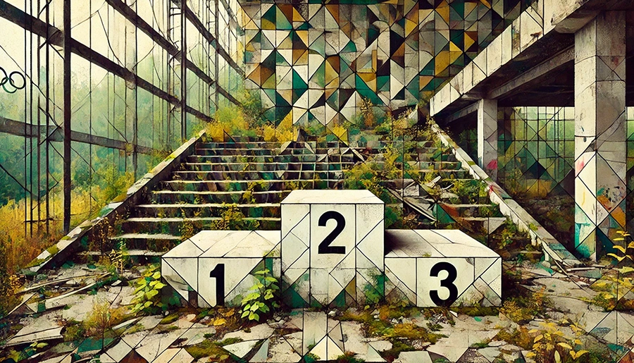 Abandoned sports podium with places 1, 2 and 3 overgrown with plants in a decayed geometric-tiled building, showing outdated ranking competition