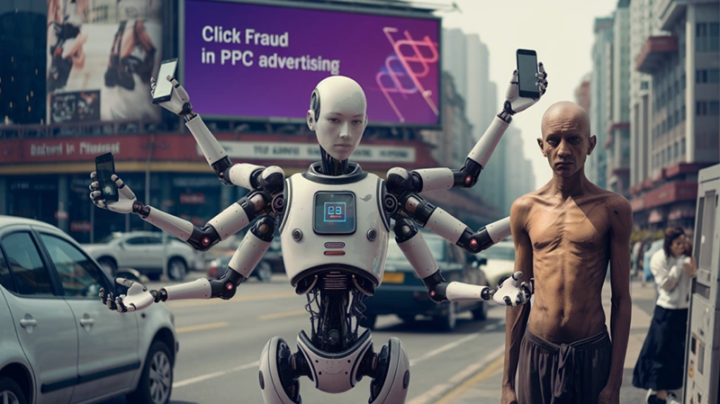 A multi-armed robot holding multiple phones on a city street next to a human representing automated click fraud bots draining PPC advertising budgets