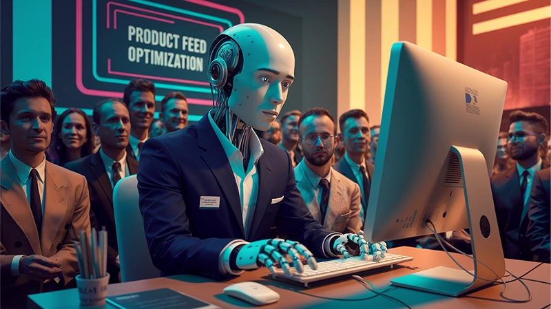 AI robot in a business suit working on product feed optimization in Google Merchant Center while humans watch