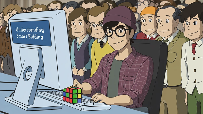 Anime-style illustration of a focused person solving a Rubik's cube at a computer labeled Understanding Smart Bidding while a crowd watches, representing the complexity and curiosity that surrounds Google's automated bidding system for PPC beginners
