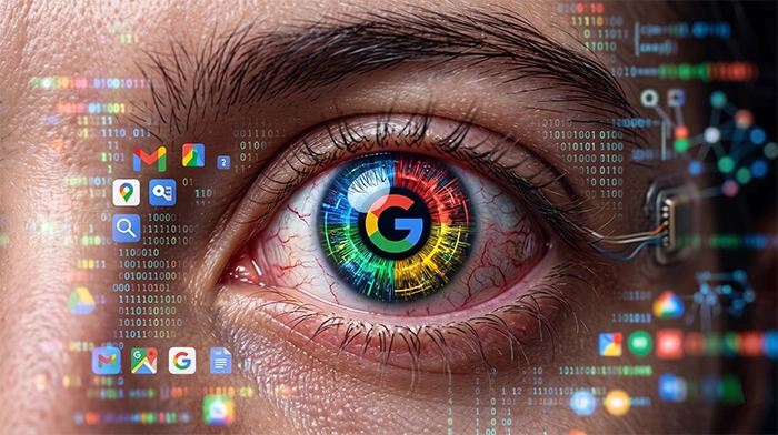 A close-up of a human eye with the Google logo reflected in the iris surrounded by app icons and binary code, representing how Google Ads ad modifiers let campaigns adapt dynamically to each user's context - device, location, time, and audience membership