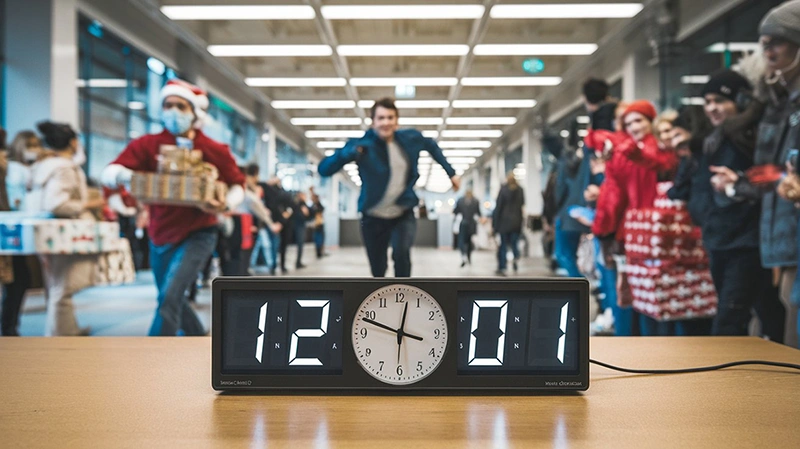 Clock showing 12:01 in a crowded holiday mall with people rushing past, illustrating how advertisers have only one second to capture consumer attention before they scroll on