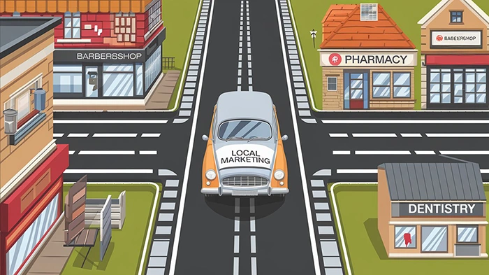 An illustrated car labeled Local Marketing driving through a neighborhood street lined with a barbershop, pharmacy, and dentistry clinic, introducing the article's premise that hyperlocal PPC campaigns help small offline businesses capture nearby customers who are already ready to convert