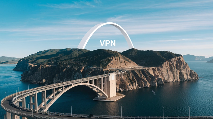 Aerial view of a bridge over the sea with a white arch and VPN label, representing a secure encrypted connection tunnel for private browsing