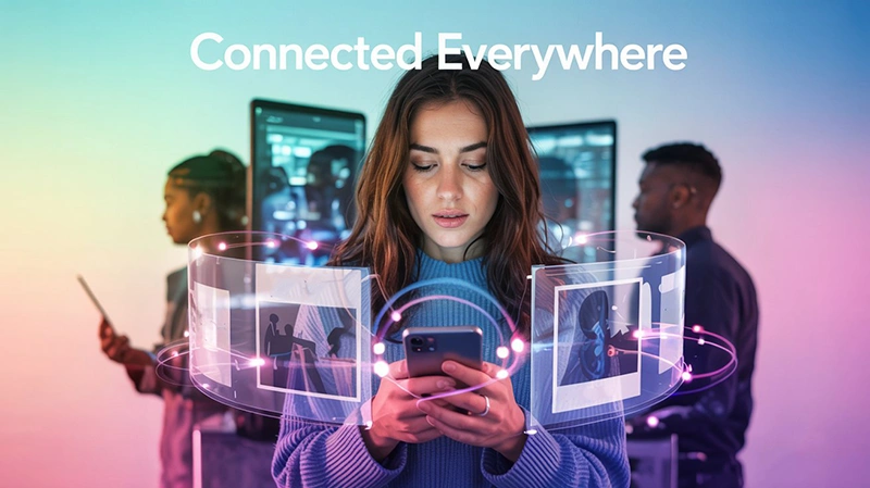 A woman surrounded by floating digital screens while connected on her phone representing how cross-platform remarketing follows users across every device and channel