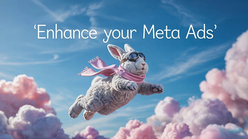 A toy rabbit with pilot goggles and a pink scarf flying through clouds with the text "Enhance your Meta Ads" representing Meta ad optimization tips