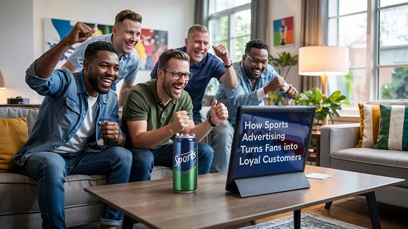 A group of friends cheering at a sports broadcast on a tablet next to a branded drink can, with a screen reading How Sports Advertising Turns Fans into Loyal Customers, illustrating the article's core argument that high-emotion viewing moments are the ideal entry point for brand advertising