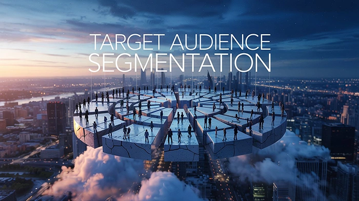 A circular platform split into distinct segments with different groups of people standing on each section above a city skyline, labeled Target Audience Segmentation, introducing the article's premise that dividing total ad audiences into precise groups improves relevance and reduces wasted PPC spend