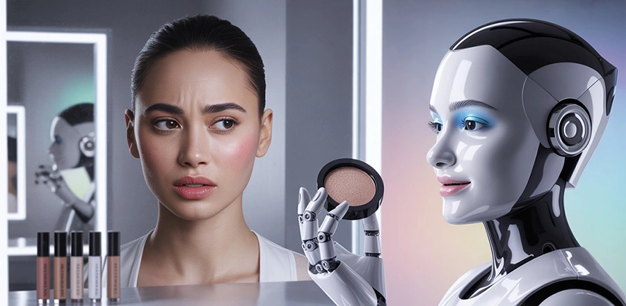 A human woman and an AI robot facing each other in a beauty product setting, illustrating the article's central question of whether AI-generated UGC creators can replace real people in advertising campaigns