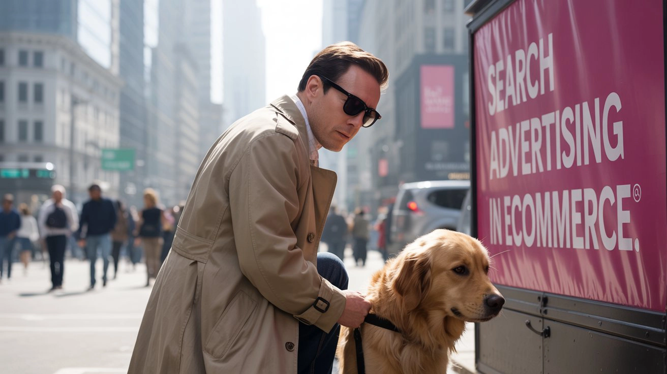 A man with a guide dog pausing beside a billboard reading Search Advertising in Ecommerce on a busy city street, illustrating the article's central tension - search ads are still navigating the landscape but need a guide to find their place now that Shopping dominates the ecommerce SERP