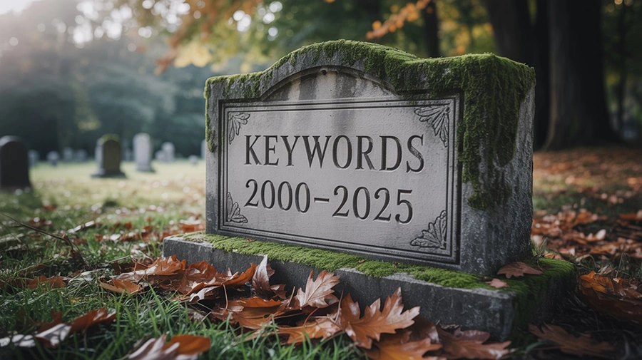 Mossy gravestone reading Keywords 2000-2025 in an autumn cemetery, illustrating the article's argument that keyword-centric PPC targeting has been displaced by intent-driven automation and Smart Bidding