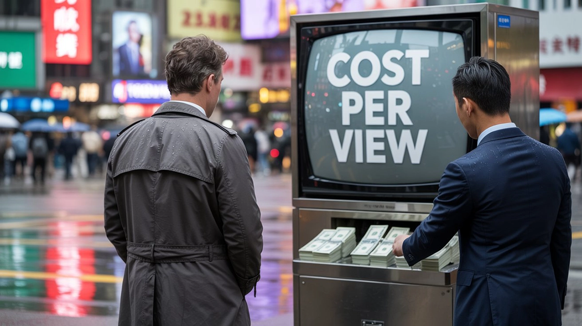 Two men standing in front of a street TV displaying "Cost Per View" with stacks of cash below, explaining the CPV bidding model for video ads