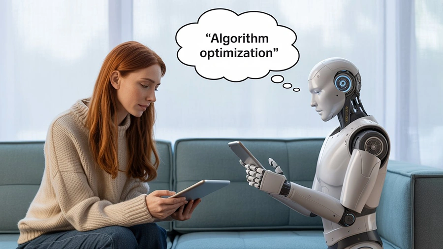 Woman and AI robot sitting on a couch discussing algorithm optimization as a metaphor for how PPC specialists must now collaborate with AI to navigate Google search changes