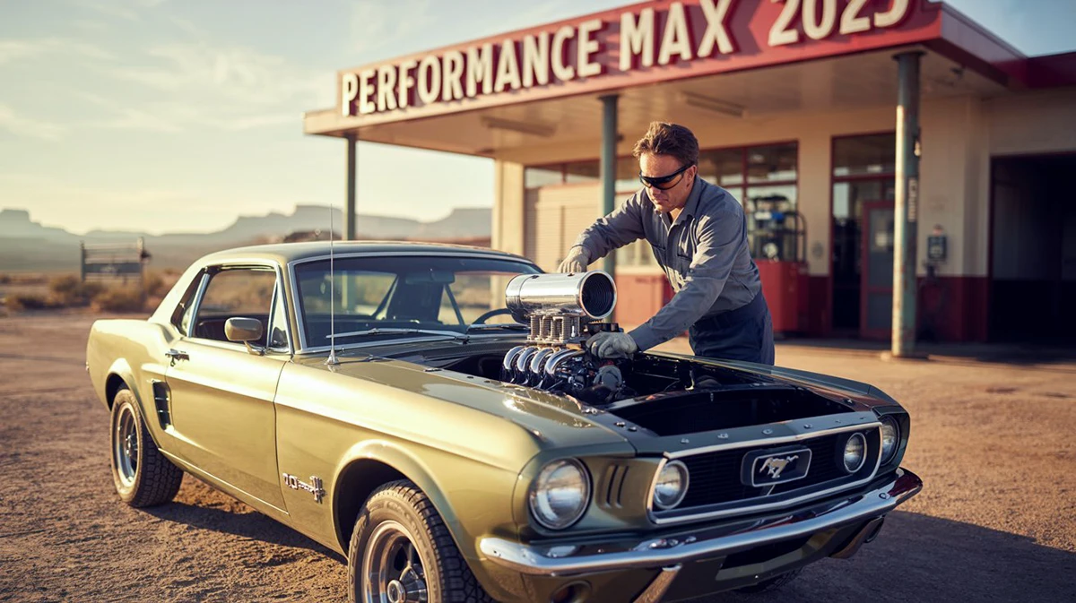 A mechanic tuning a classic Mustang engine at a gas station labeled Performance Max 2025, representing the article's core argument that PMax is a powerful engine that still needs an experienced hand to configure feed quality, signals, and campaign structure before it can deliver results