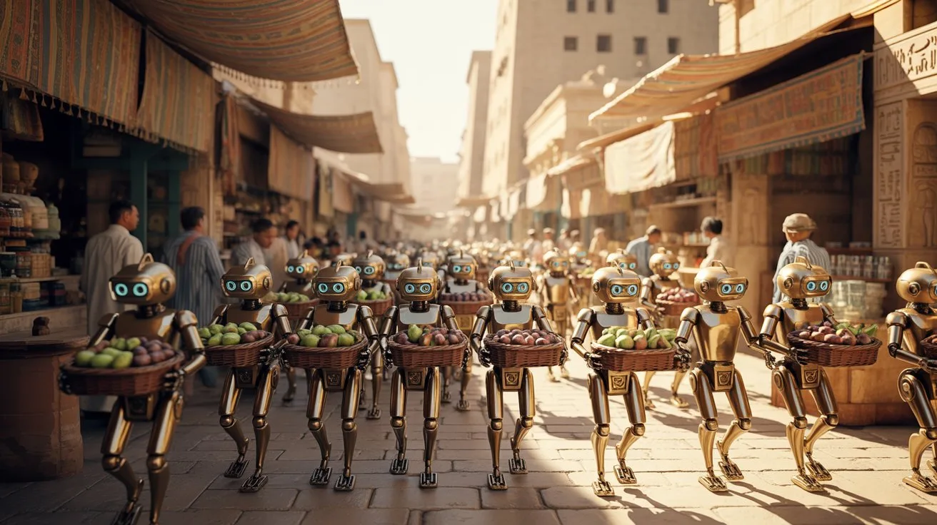 Golden robots carrying fruit baskets through a busy market as a metaphor for AI generating creative content at scale for small businesses