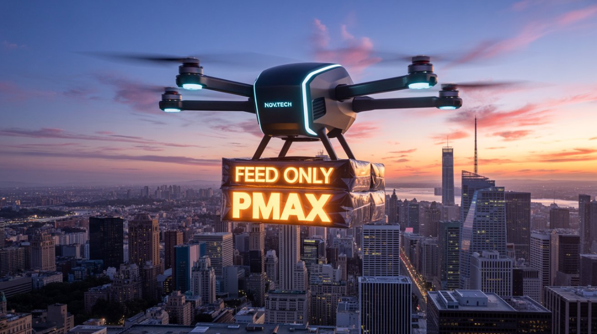 A drone carrying a glowing package labeled Feed Only PMAX over a city skyline at sunset representing Performance Max campaigns driven entirely by a product feed without additional creative assets