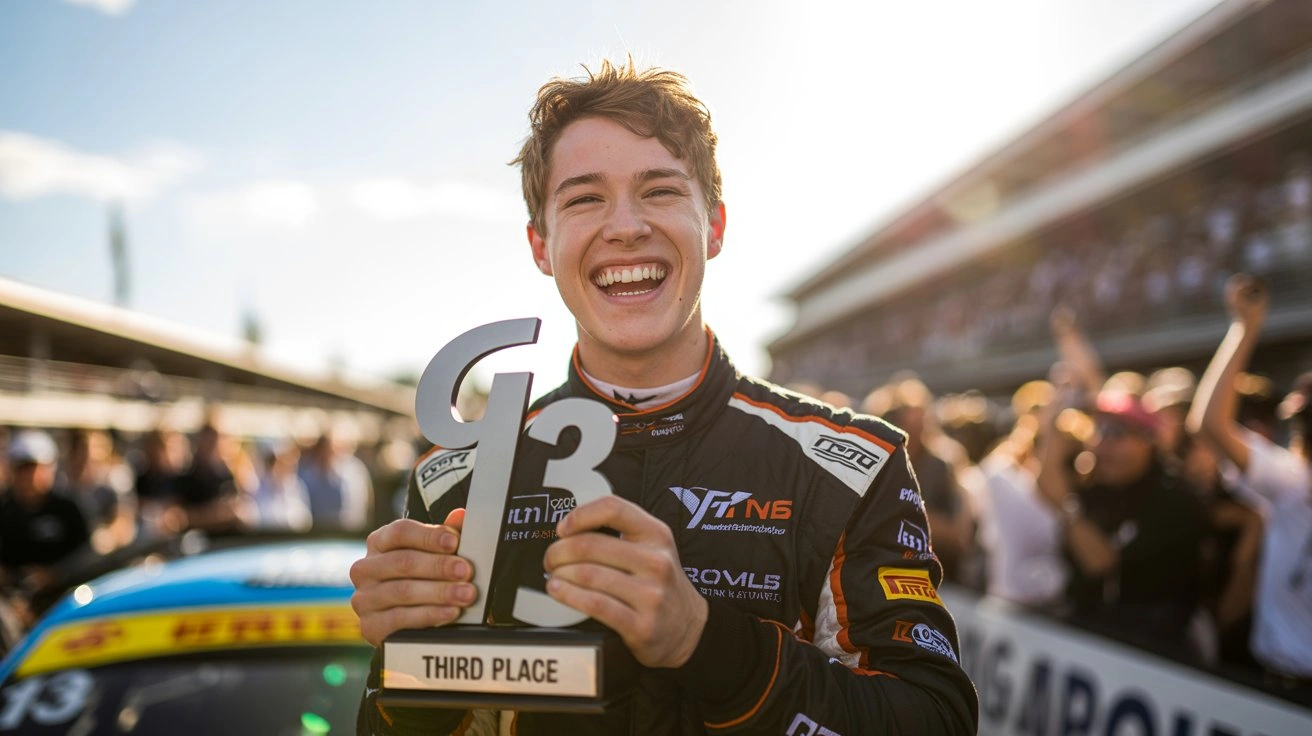 A racing driver celebrating a third place trophy on a circuit podium representing how winning in Google Ads is not always about holding the top ad position