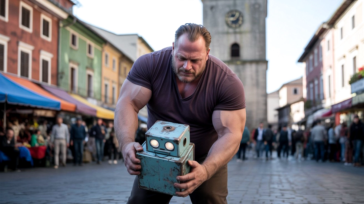 A muscular man straining to lift a small battered robot in a town square, illustrating the article's premise that Performance Max is a powerful but unwieldy system that requires deliberate effort and expert handling to get results rather than running on autopilot