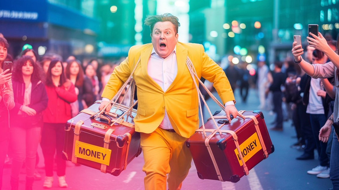 A panicked man in a yellow suit running through a crowd carrying two suitcases labeled Money representing the fear that Meta Ads requires a large budget to work