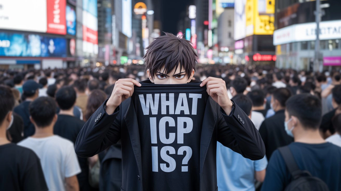 An anime-style figure holding up a shirt reading "What ICP is?" while standing in a dense crowd in a busy city, posing the article's central question about why most ecommerce advertisers run Google Ads without a defined Ideal Customer Profile and what that costs them in wasted budget