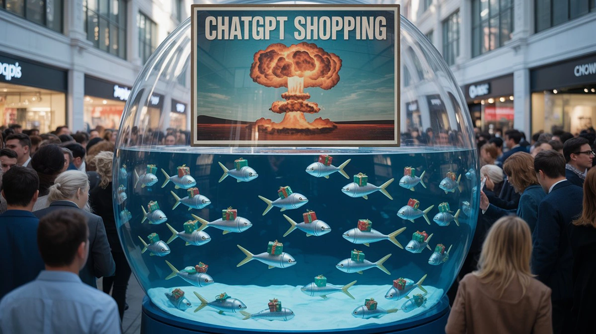 A giant fish tank in a shopping mall filled with fish carrying gift boxes labeled ChatGPT Shopping with an explosion poster above it and a crowd watching, representing the disruptive market impact of ChatGPT entering ecommerce product discovery