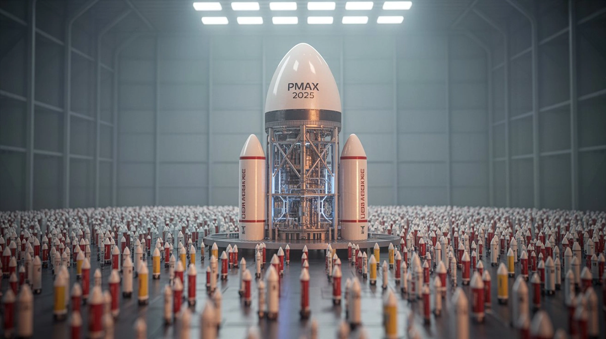 A large labeled PMax 2025 rocket with a transparent engine core stands among rows of smaller rockets, representing Performance Max as the dominant but still partially opaque campaign type that now offers more channel-level visibility while remaining automation-first