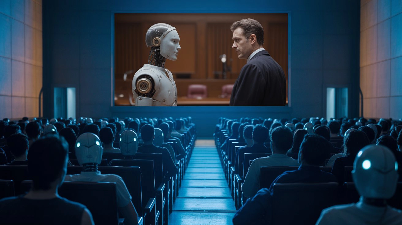 Cinema audience of humans and robots watching a courtroom confrontation between AI and a human on screen as a metaphor for the public debate around AI Overviews in search