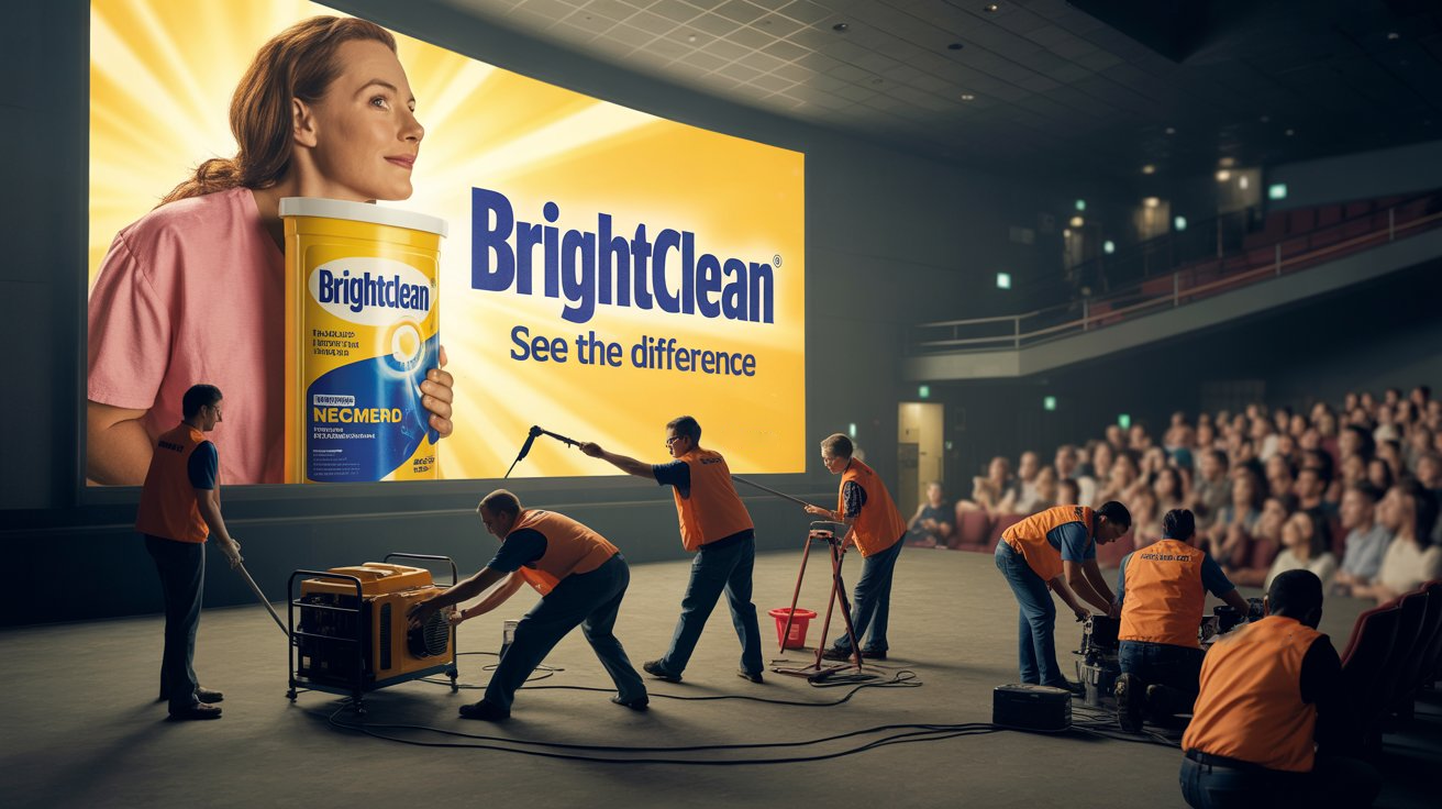 A production crew setting up equipment in front of a large branded video ad on a cinema screen representing the effort and budget behind Google video ad campaigns that need proper optimization